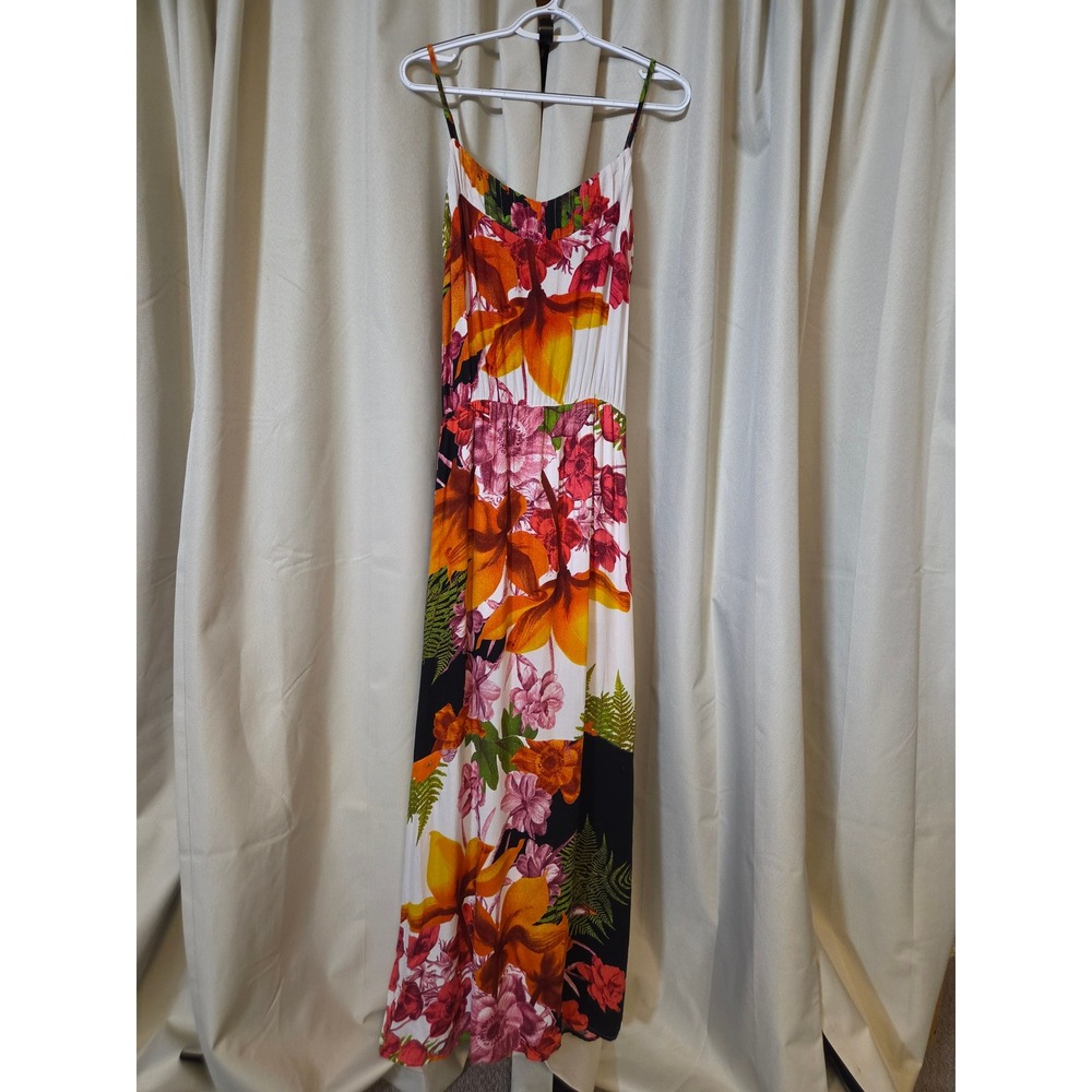 Tropical Floral Maxi Dress Orange Pink Green Viscose Sleeveless Size M